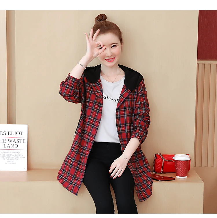 Blusas mujer de moda Осенние повседневные клетчатые женские блузки корейские студенческие рубашки с капюшоном и длинными рукавами Большие размеры женские топы