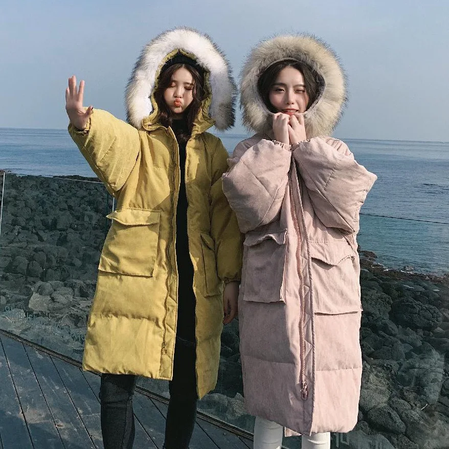 

2019chic Sweet Yellow Mid-length over-the-Knee Hooded Loose-Fit Bread fu da Fur Collar Best Friend Cotton Coat Women's
