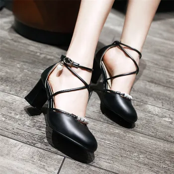 

Plus Size Women Pumps Cross Strap Block Chunky Heel Shoes Pink Black Crystal Lady's Summer Sweet High Heels Party