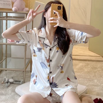 

Genuine silk pajamas for women Sweet cartoon pyjamas woman elegance short sleeve kawaii homewear ladies sleepwear sets 2020 PJS