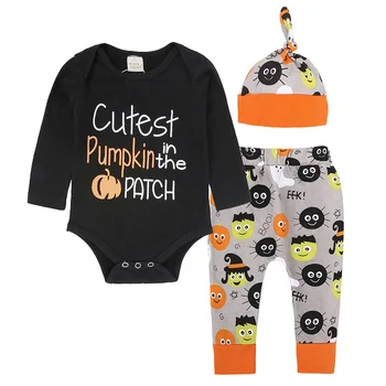 

2019 New Newborn Baby Girl Clothes Halloween Pumpkin Letters Printed Long Sleeve Three-piece Clothes Sets Baby Outfit Hats