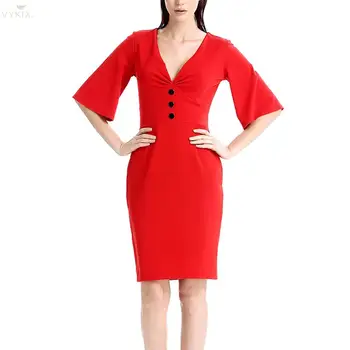 

Office Dress Deep V-neck Womens Dresses Knee-length Solid Color Work Dress Elegant Button Flare Sleeves High Waist Party Dresses