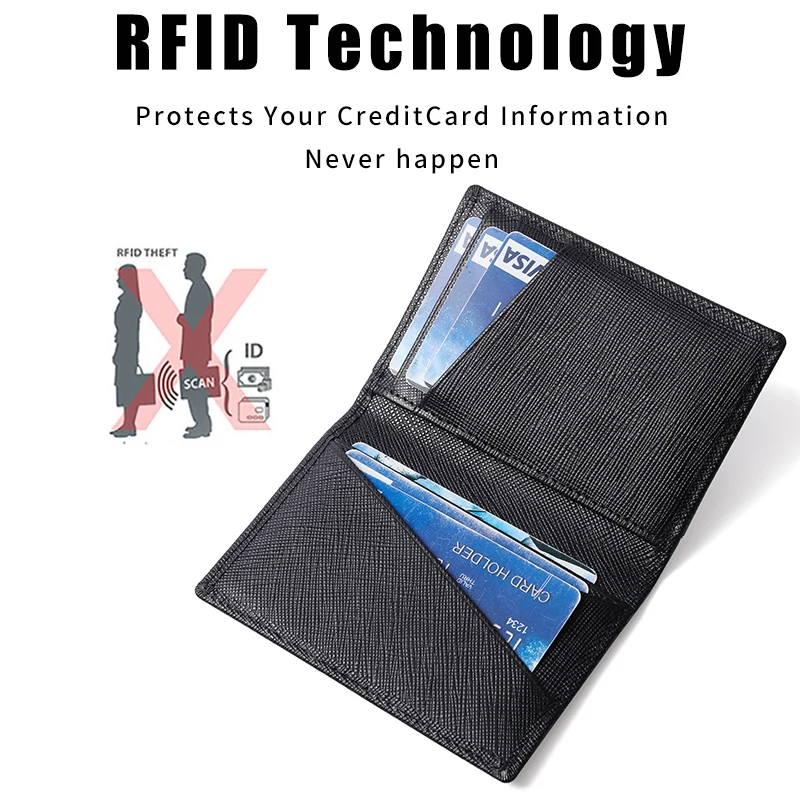 2022  Luxury RFID Bifold Small Card Wallet for Men Contrast Color Slim Cross Pattern Genuine Leather Men's Credit Card Holder