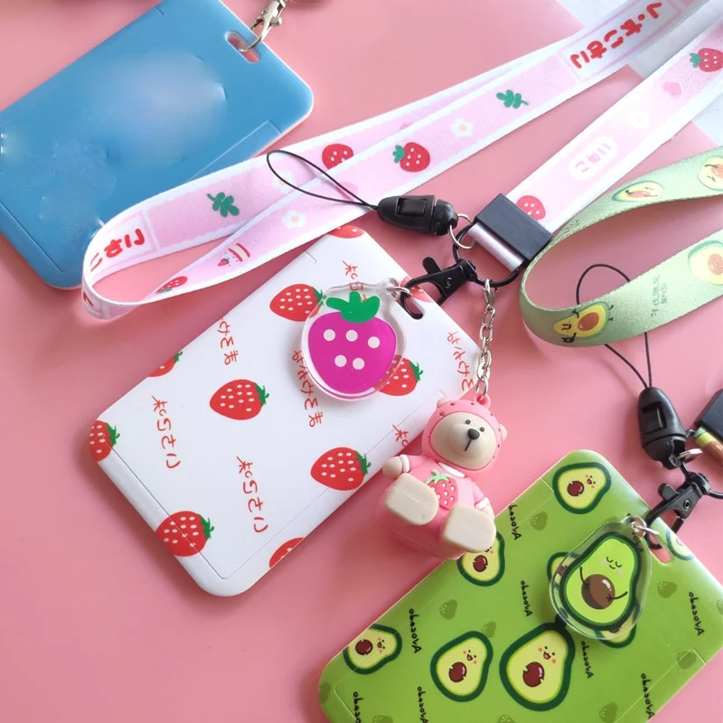 

1pc Strawberry Avocado Pattern Employee's Staff Work Card Holder ID Tag with Lanyard Bank Bus Business Card Sleeve Cover Badge