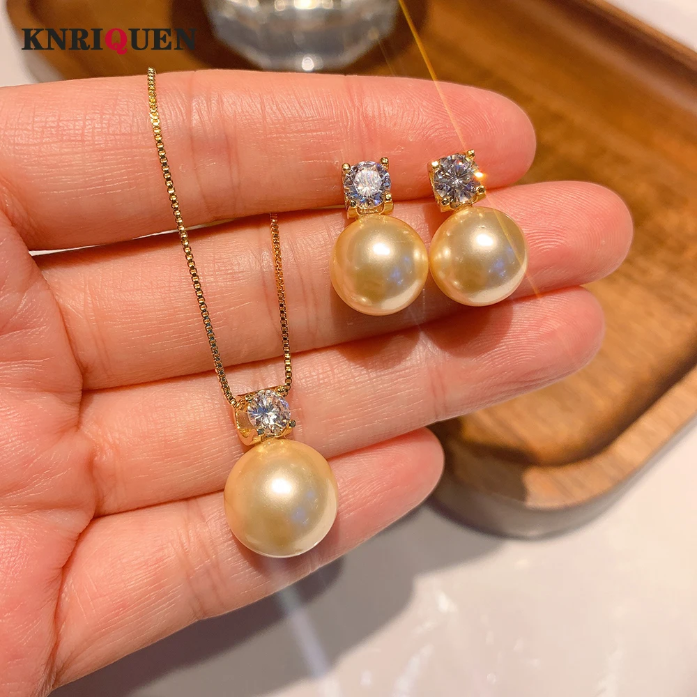 

Charms 12mm Simulated Pearl Lab Diamond Pendant Necklace Earrings for Women Wedding Party Jewelry Sets Female Gift Accessories