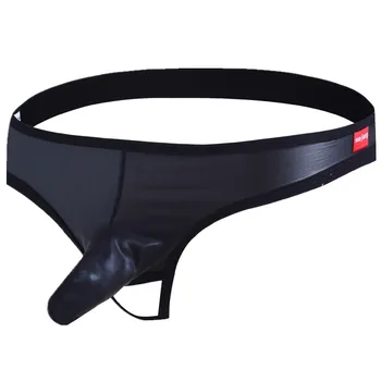 

PU Leather Men Gay Thong Sexy Men's Underwear Hanging Iron Ring Imitation Leather Low Waist U Bag Backless G-string