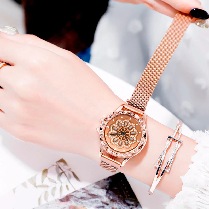 

Lucky Watch Ladies 360 Degree Rotating Luxury Rose Gold Watch Crystal Quartz Magnet Wrist Watches relogio feminino relojes mujer
