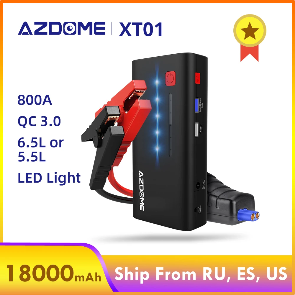 

AZDOME XT01 Car Jump Starter 800A 18000mAh (6.5L Gas or 5.5L Diesel Engine) Power Bank with Quick Charge 3.0 Port LED Flashlight