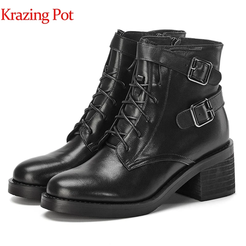 

Krazing pot genuine leather round toe high heel Hollywood big size concise metal buckle zipper punk rock style Chelsea boots L06
