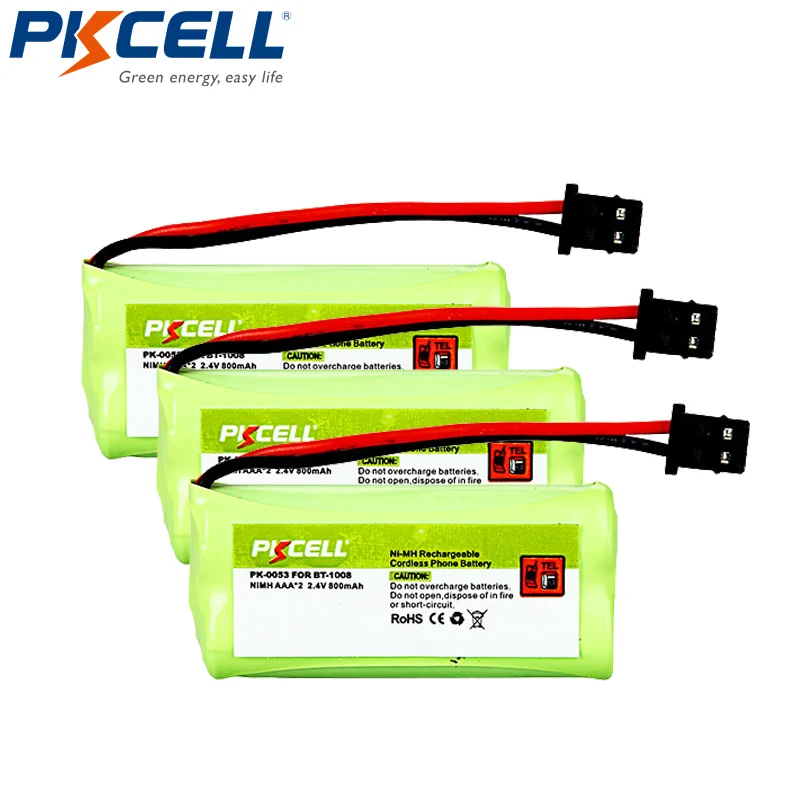 

3Pcs pkcell Cordless Phone Battery NI-MH Rechargeable batteries AAA*2 800mAh 2.4V BT-1008 Mitsumi-2P UL1007 24# Forward Plug
