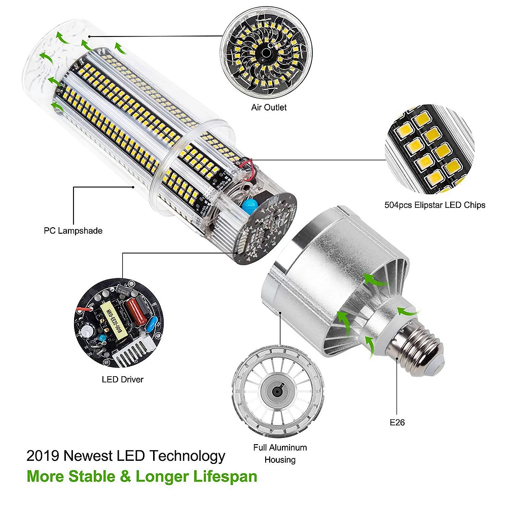 60W Super Bright Corn LED Light Bulb with E27 Large Mogul Base Adapter for Large Area Commercial Ceiling Lighting