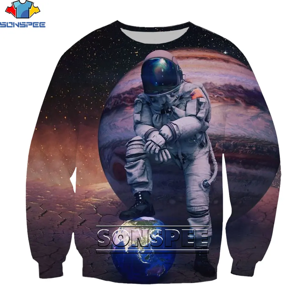 

SONSPEE 3D Astronaut Sci-Fi Universe Print Sweatshirt Planet Earth Galaxy Spaceship Casual Harajuku Pullover Men's Oversized Top
