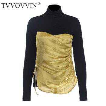 

TVVOVVIN Overlap Women Patchwork T Shirt Tshirt Women Color Matching Women Long Sleeve Turtleneck Tshirts Autumn Winter ZCTO