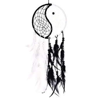

Handmade Yin Yang Dream Catcher Circular Net with Feathers Beads for Wall Car Hanging Decoration Ornament Craft Gift, Black and