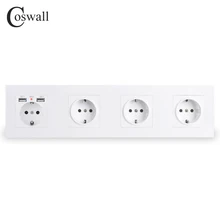 COSWALL 4 комплекта настенных розеток европейского стандарта с заземлением+ двойной usb-порт для зарядки со скрытым мягким светодиодный индикатором черно-белая Золотая ПК Панель