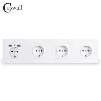 

COSWALL 4 Gang Wall EU Socket Grounded + Dual USB Charging Port With Hidden Soft LED Indicator Black White Gold PC Panel