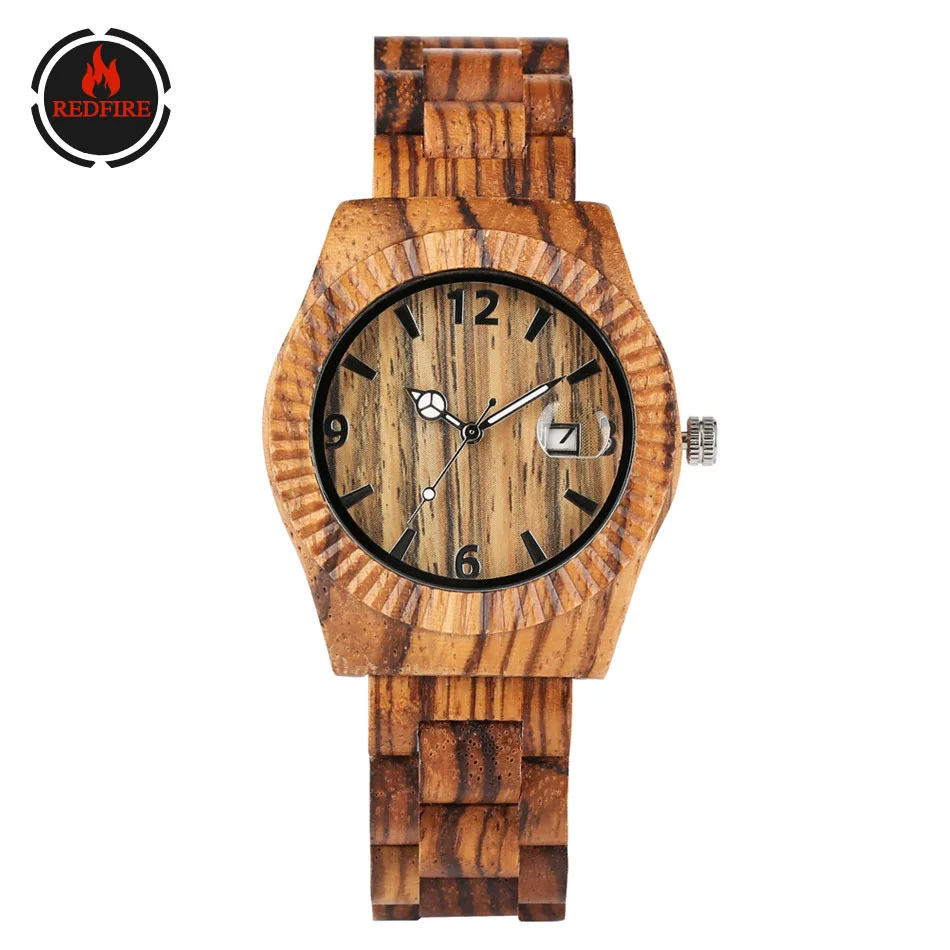 

REDFIRE Vintage Zebrawood Business Men Wood Watch Classic Auto Date Wooden Bangle Wristwatches Folding Clasp reloj masculino