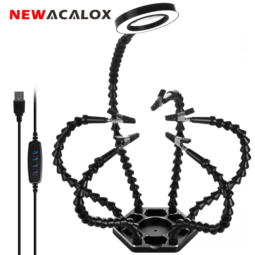 NEWACALOX Welding Station with 3X USB LED Magnifier PCB Soldering Iron Holder Tool Workshop Third Helping Hand 6pc Flexible Arms afbeelding