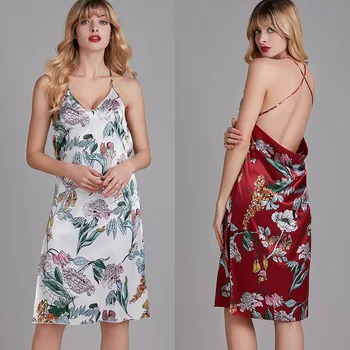 

Women Summer Silk Satin Backless Nightdress Spaghetti Strap Sleepwear Sleeveless Sexy Midi Printed Dress Homewear Lady Nightwear