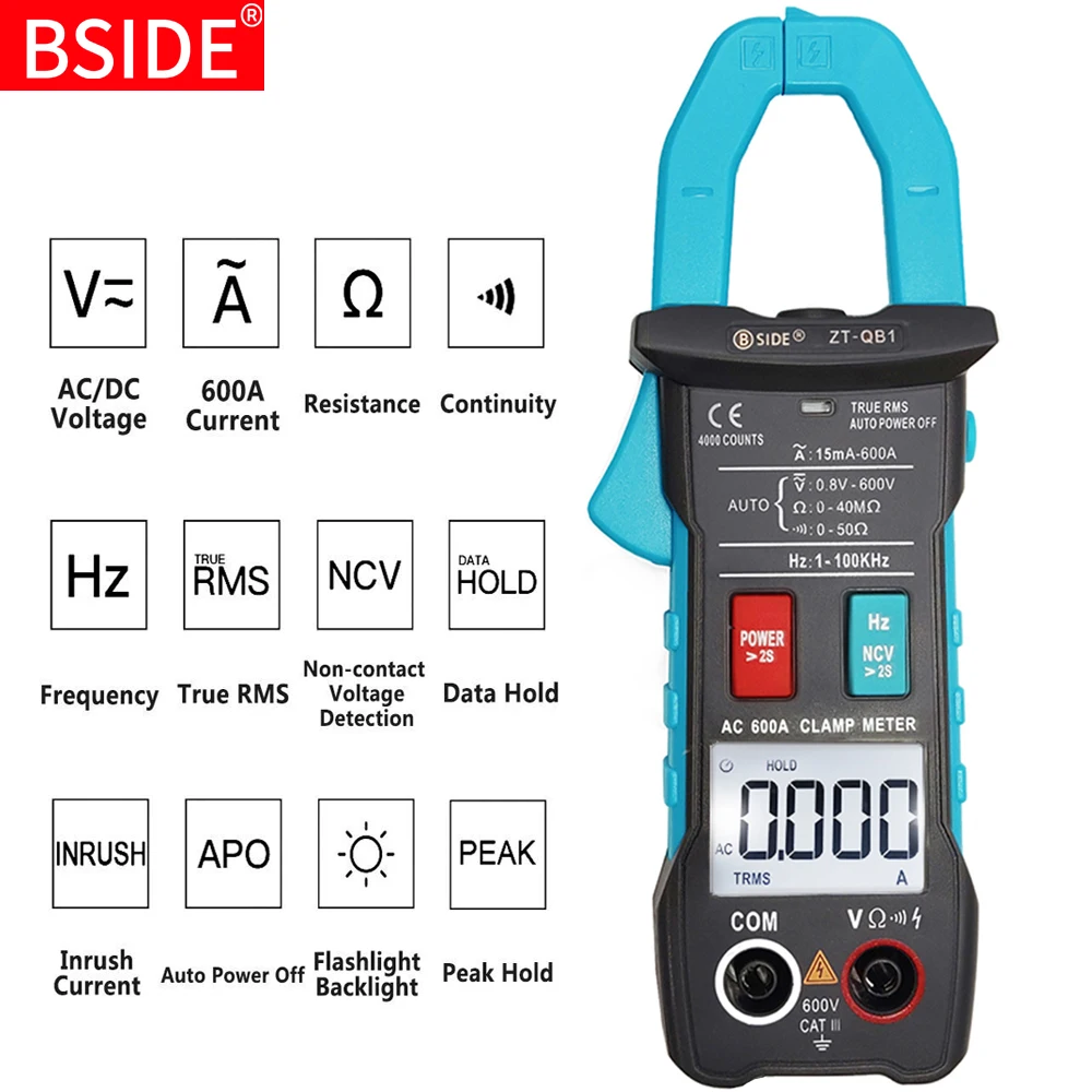 Pinza Amperimetrica Multimetro Digital TRMS Amperimetro 600A Corriente CA Voltaje CA//CC 6000 Cuentas NCV Continuidad Capacitancia Resistencia Frecuencia Diodo Hz Onda Cuadrada