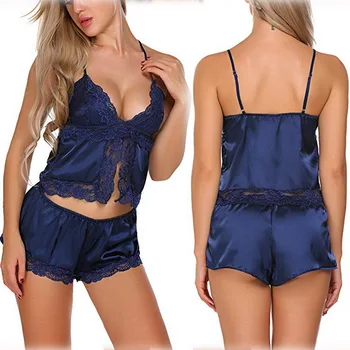 

Women Spilt Nightwear 2pcs 2020 Summer Fashion Sexy Lace Pajamas Lace Solid Color Pajamas Underwear Set Comfortable Homewear