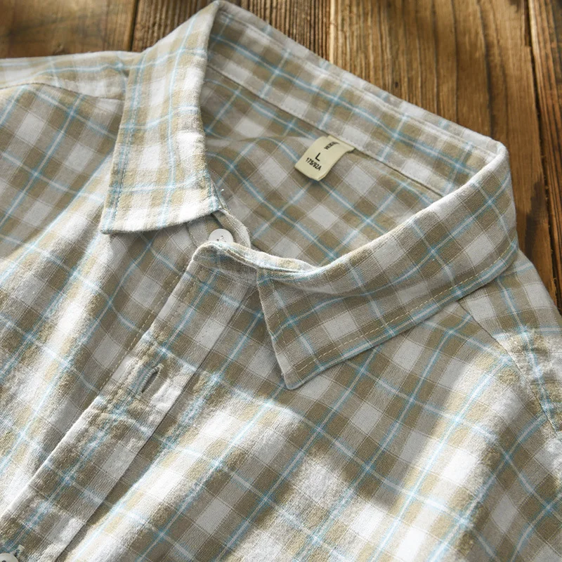 Cotton Shirt Men Spring Autumn Casual Plaid Long Sleeve Thick Retro Multi-pocket Workwear