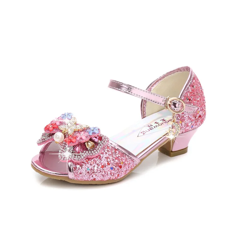 Новая детская обувь принцессы для девочек; сандалии на высоком каблуке из искусственной кожи с бантом; вечерние сандалии для девочек; модельные туфли; Размеры 26-36 - Цвет: Розовый