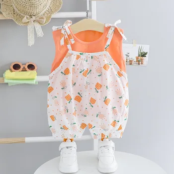 

Summer Baby Girl Clothes Lovely Infant Sleeveless Vest+Suspenders Shorts Two Piece Toddler Baby Girl Outfit Casual Newborn Set