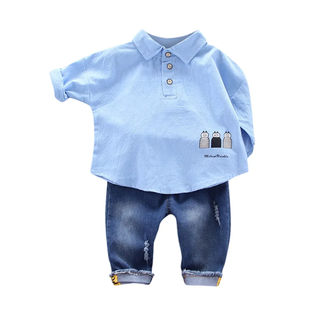 Toddler Kids Baby Boys clothes ropa niña одежда для новорожденных Cartoon T Shirt Pullover Denim Long Pants Outfits Set#4
