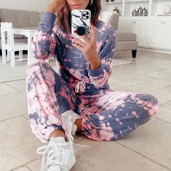 

Sleepwear Womens Pajama Sets Tie Dye Print Round Neck Fashion Clothing Ankle-Length Pants High Waist Autumn New Tracksuit