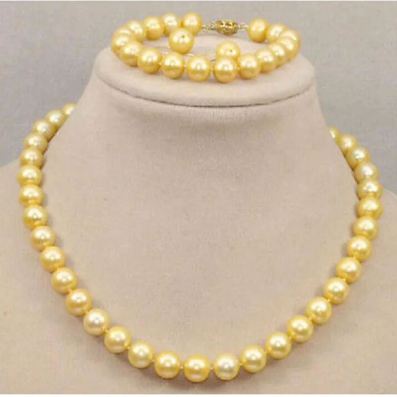 

charming AAA 9-10mm South Sea Yellow Pearl Necklace Bracelet 14k + Earring JJ