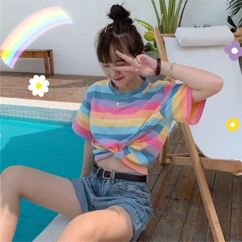 

Personality Summer Korean Style Loose Striped Short Sleeve Short T-shirt Tops Tee Shirt Rainbow loose T-shirts Women Clothes