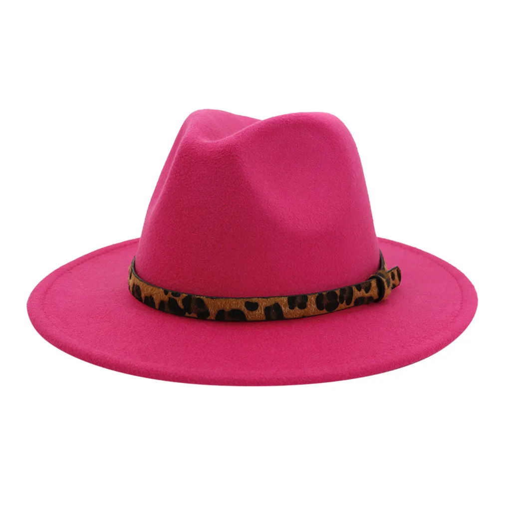 Hot Pink Новинка, модные шляпы, топ, джаз, шляпа, Fedoras Chapeau, для мужчин и женщин, Ретро стиль, леопард, широкая шляпа с пряжкой на ремне, регулируемые шляпы - Цвет: Hot Pink