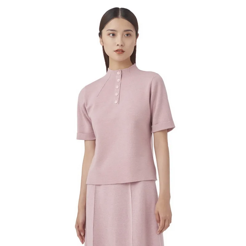 

Women Kintted T-Shirt Spring Fashion Solid Buttons O-Neck Tops Female Casual Short Sleeve Shirts Tees