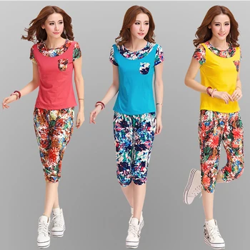 

2020 Womens new summer Plus size 2piece suit Female casual short sleeve Tshirt +printed loose pants two piece suit Costume femme