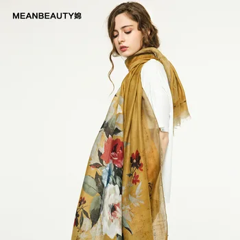 

Spring and autumn popular satin corner big flower lady scarf oversized tassel printed cotton and hemp scarf