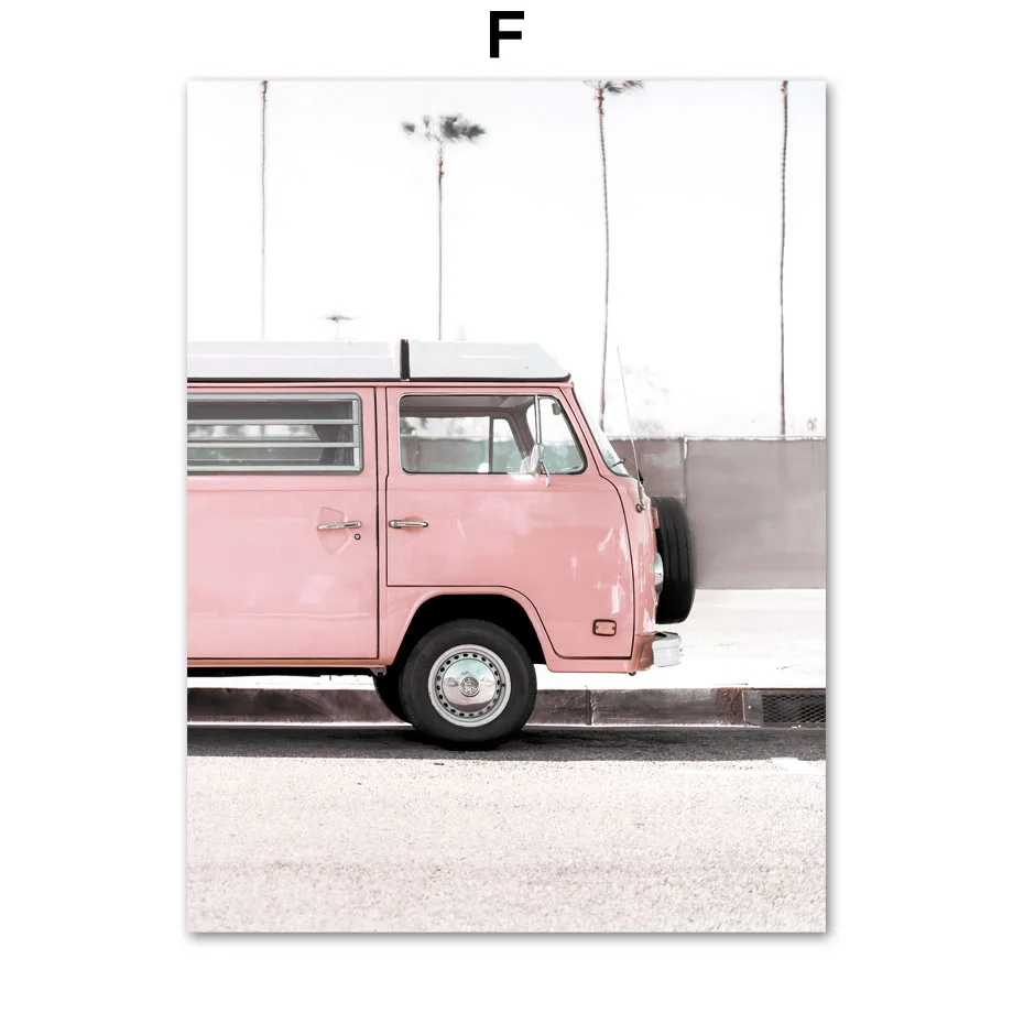 Розовый автобус лес небо море кокосовое дерево настенный Арт холст живопись скандинавские плакаты и принты настенные картины для гостиной домашний декор - Цвет: F