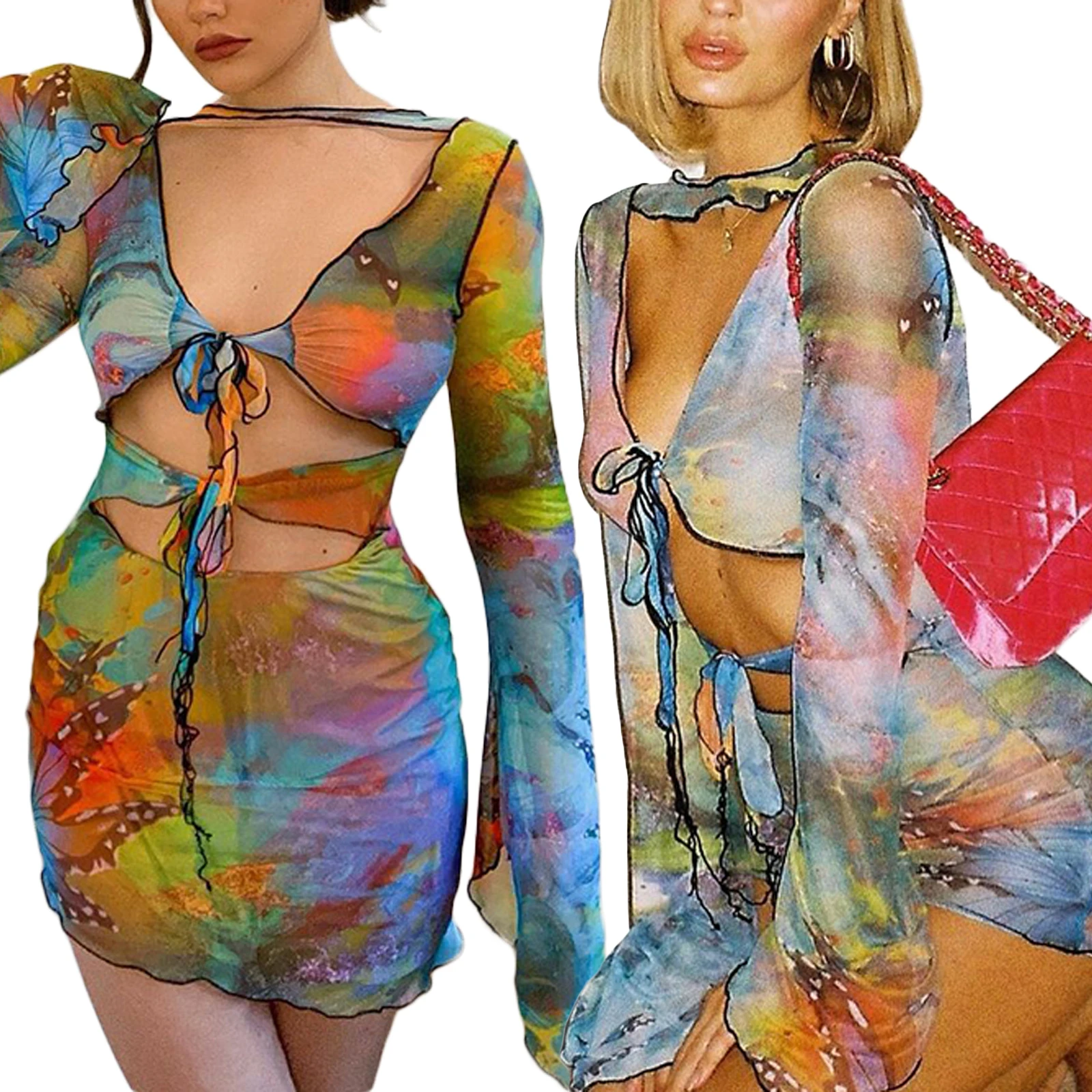 

Women Butterfly Print Mini Dress, Long Sleeve Deep V-neck Hollow Out Lace-up Bodycon