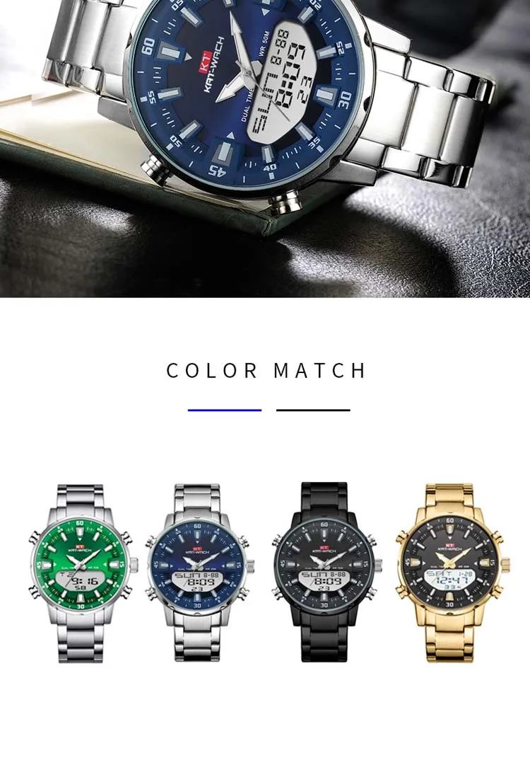 KAT-WACH Brand Steel Band Dual Movement Large Dial Waterproof Men's Electronic Watches Simple Luxury Business Man Wristwatch