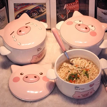 Cuenco de cerámica para Ramen, cuenco de arroz con diseño de cerdo de dibujos animados Kawaii, cuenco para Fideos instantáneos, tazones para sopa y ensalada de frutas, vajilla, accesorios de cocina 1