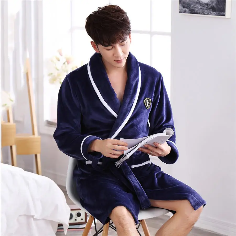 Сексуальное теплое ночное белье для мужчин теплый халат кимоно платье пижамы неглиже Осень зимний банный халат Домашняя одежда пояс пижамы банный Халат - Цвет: Navy Blue D