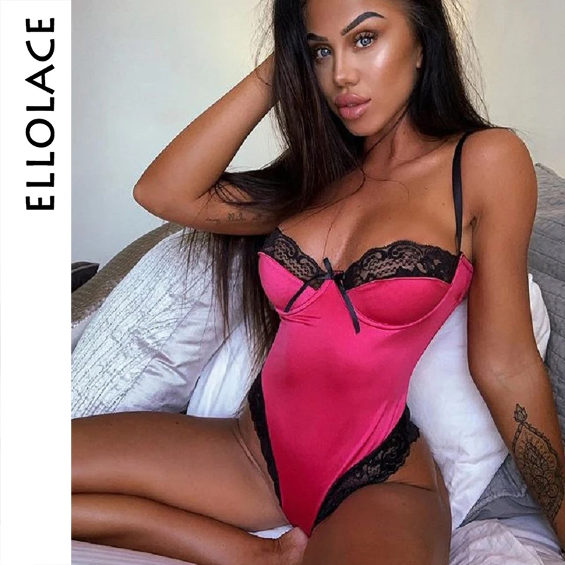 Ellolace атласное Кружевное боди для женщин сексуальный Облегающий комбинезон без