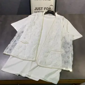 

T Shirt Lace Vest 2 Piece Set 2020 Summer New Lace Pearl Water Drill Buckle Vest + Base Short Sleeve T-shirt Two-piece Set