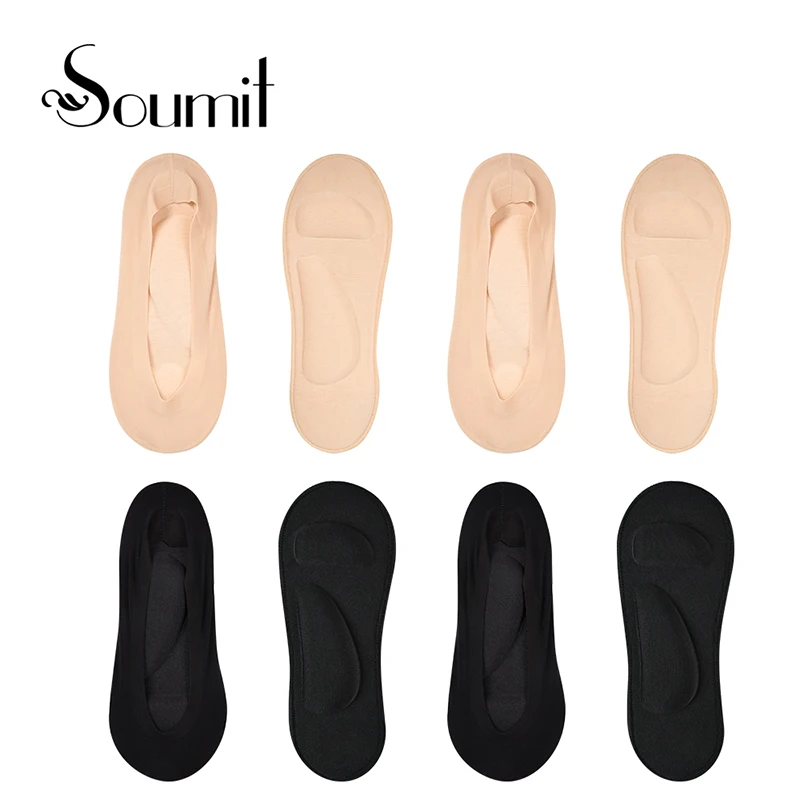 

Soumit 4 Pairs Arch Support Boat Socks Ice Silk Ultra-Thin Socks with Gel Forefoot Pads Women Invisible Lace Cotton Summer Socks