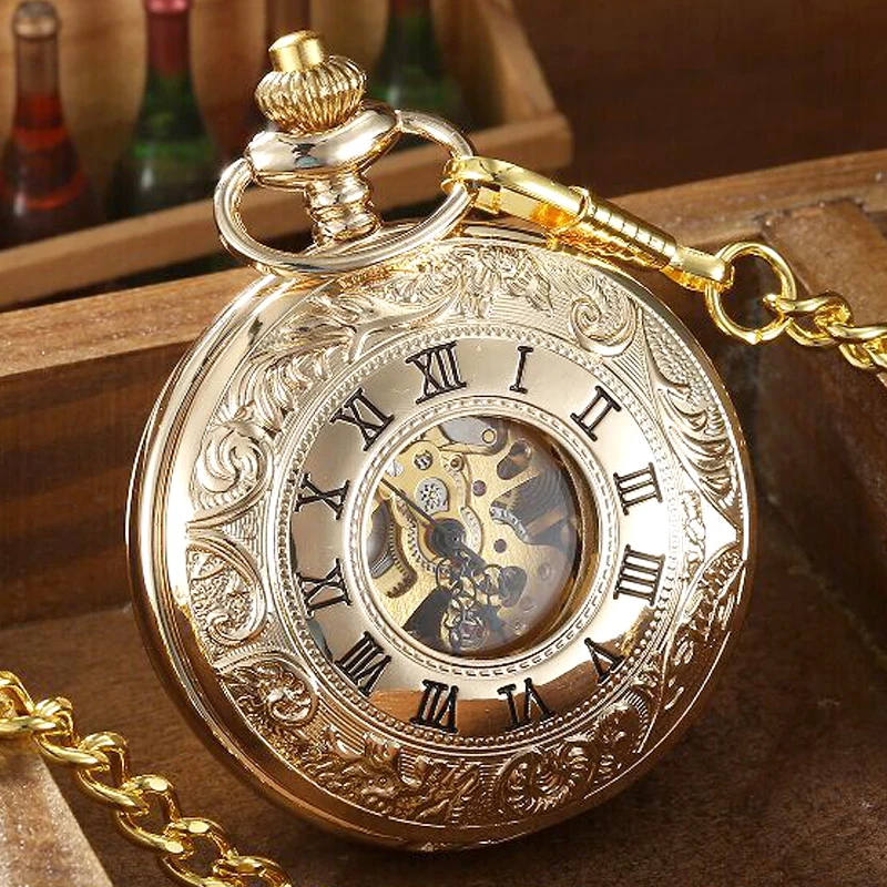 

Luxury Gold Mechanical Steampunk Skeleton Roman Numbers Case Dial Male Pocket Watches Hand Wind Necklace Fob Chain Clock for Men