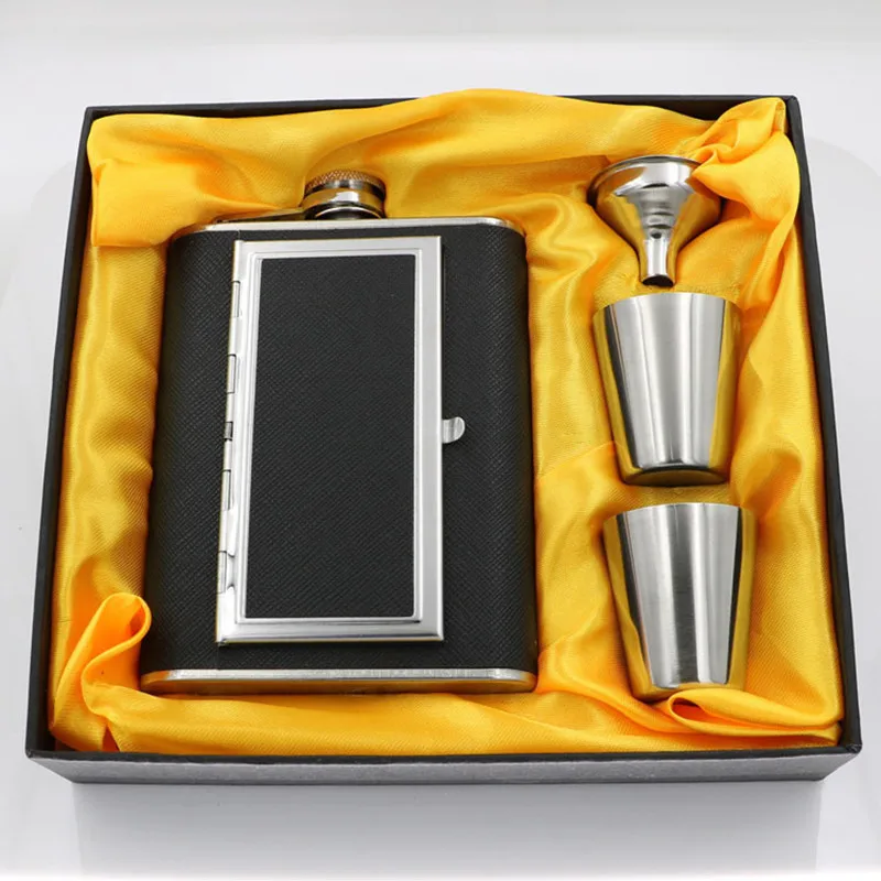 Creative Cigarettes Case Stainless Steel 304 Hip Flasks PU Leather Whiskey Alcohol Bottle With Funnel Sets For Gift images - 6