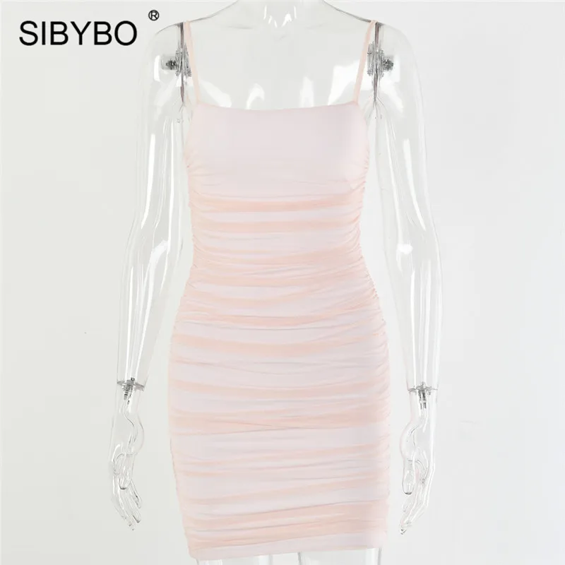 SIBYBO двойной сетчатый спагетти ремень платье женское без рукавов Плиссированное Сексуальное мини платье однотонный Летний Пляжный с открытой спиной платье - Цвет: Розовый