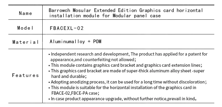 Barrowch Модульная Панель Шасси видеокарта Горизонтальная установка модуль расширенная версия FBACEXL-02