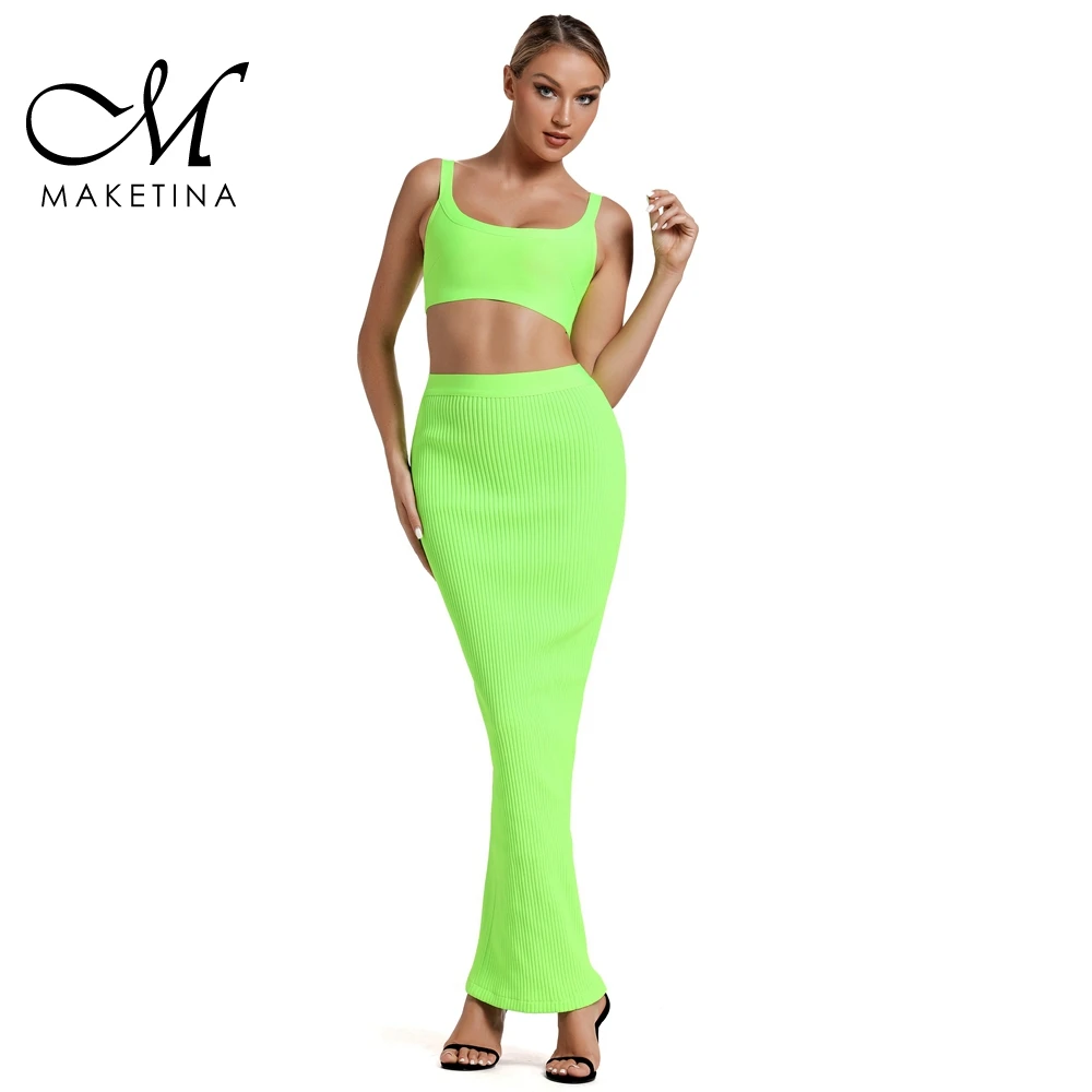 

Maketina 2019 New Summer Women Club Bandage Set Neon Green 2 Piece Bandage Set Strapy Sleeveless Sexy Two Piece Set Party Sets