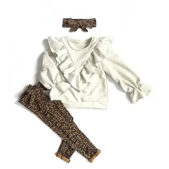 

2019 New Kid Baby Girl Clothes Sets Solid Long Sleeve Ruffle Tops Sweatshirt+Leopard Print Pants Headband 3pcs Outfit